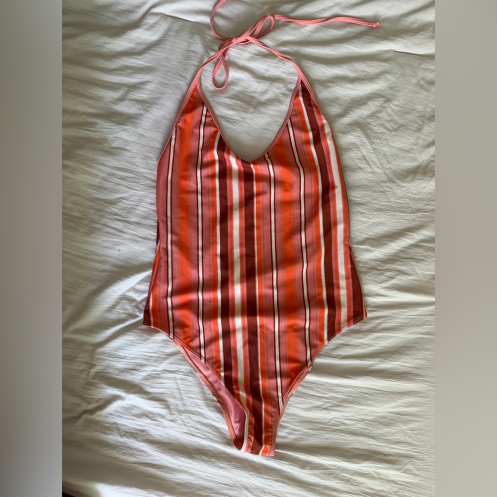 Striped Pink & Coral Halter One-Piece Swimsuit